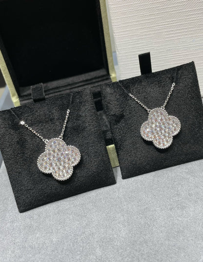 [Ornora Jewelry]CLOVER 25MM LARGE PENDANT DIAMOND PAVED SILVER NECKLACE