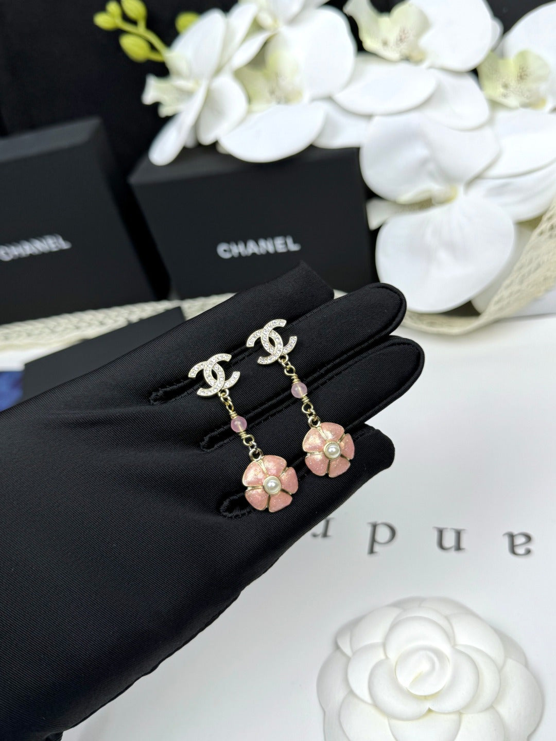 [Ornora Jewelry]26C Pink Camellia Enamel Pendant with Double C Earrings