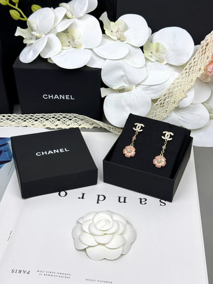 [Ornora Jewelry]26C Pink Camellia Enamel Pendant with Double C Earrings