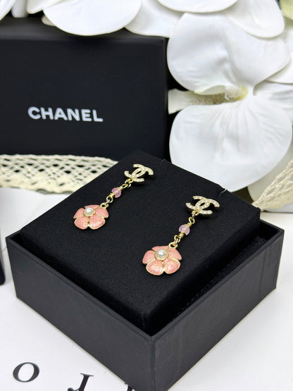[Ornora Jewelry]26C Pink Camellia Enamel Pendant with Double C Earrings