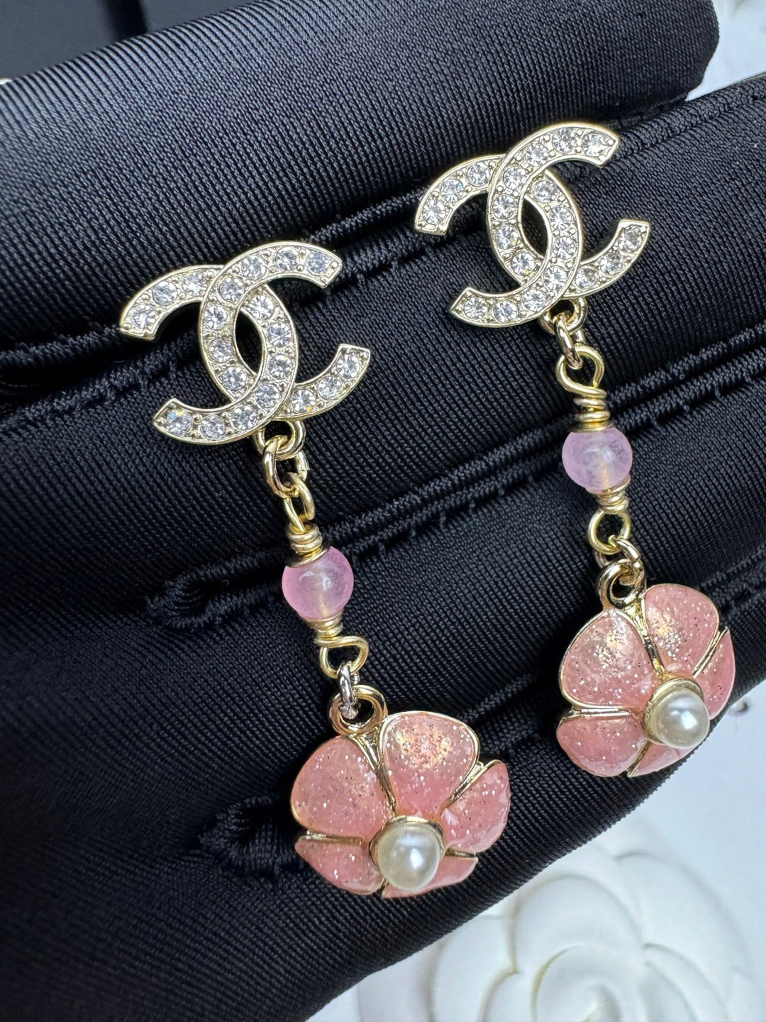 [Ornora Jewelry]26C Pink Camellia Enamel Pendant with Double C Earrings