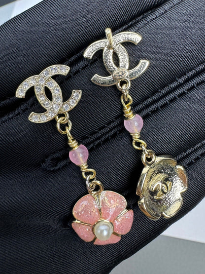 [Ornora Jewelry]26C Pink Camellia Enamel Pendant with Double C Earrings