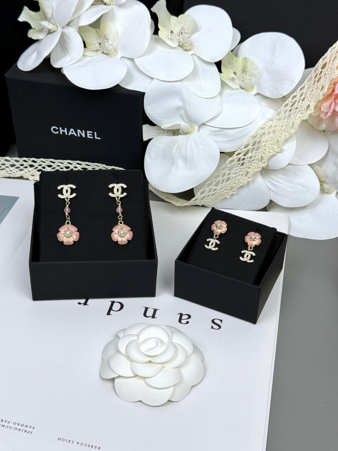 [Ornora Jewelry]26C Pink Camellia Enamel Pendant with Double C Earrings