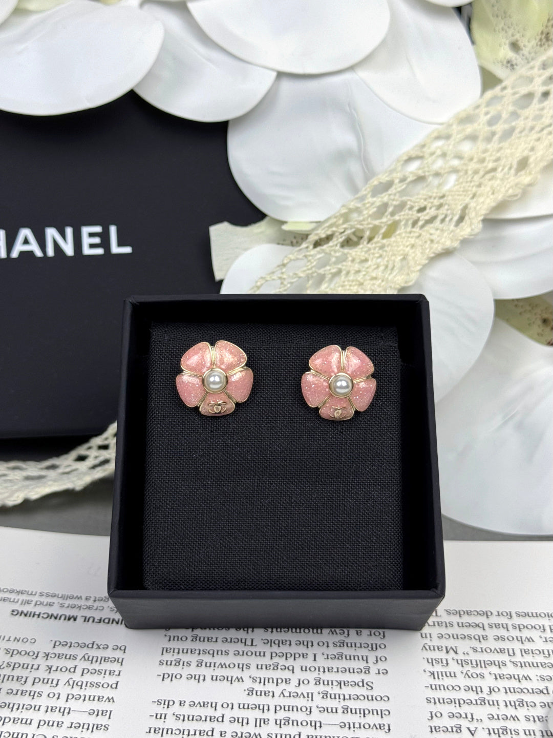 [Ornora Jewelry]26C Pink Camellia Pearl Enamel Stud Earrings