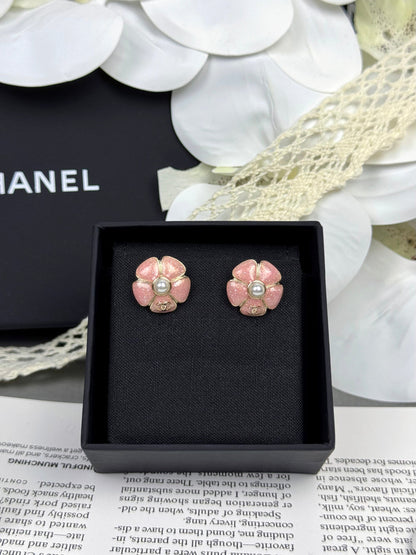 [Ornora Jewelry]26C Pink Camellia Pearl Enamel Stud Earrings