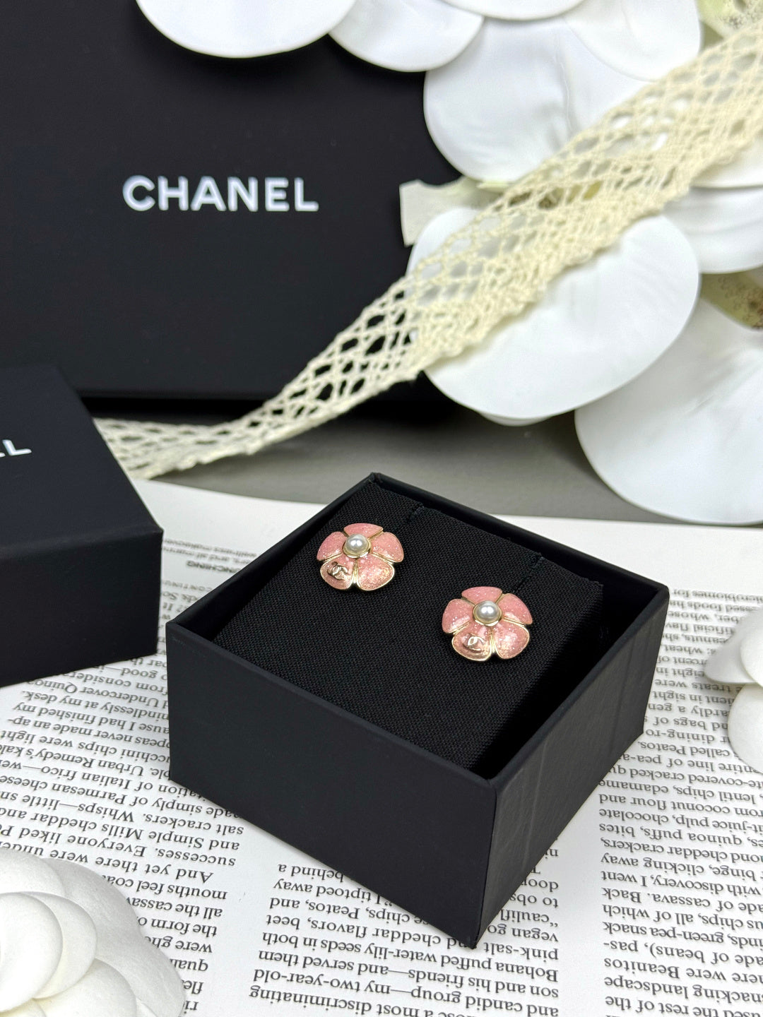 [Ornora Jewelry]26C Pink Camellia Pearl Enamel Stud Earrings