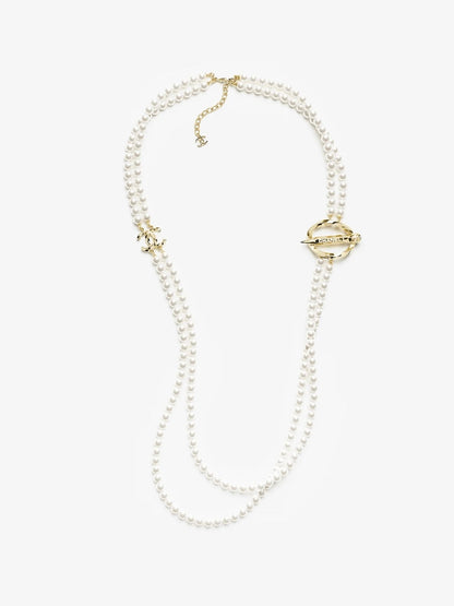 [Ornora Jewelry]25K Pencil Double C Double-Layer Pearl Sweater Chain