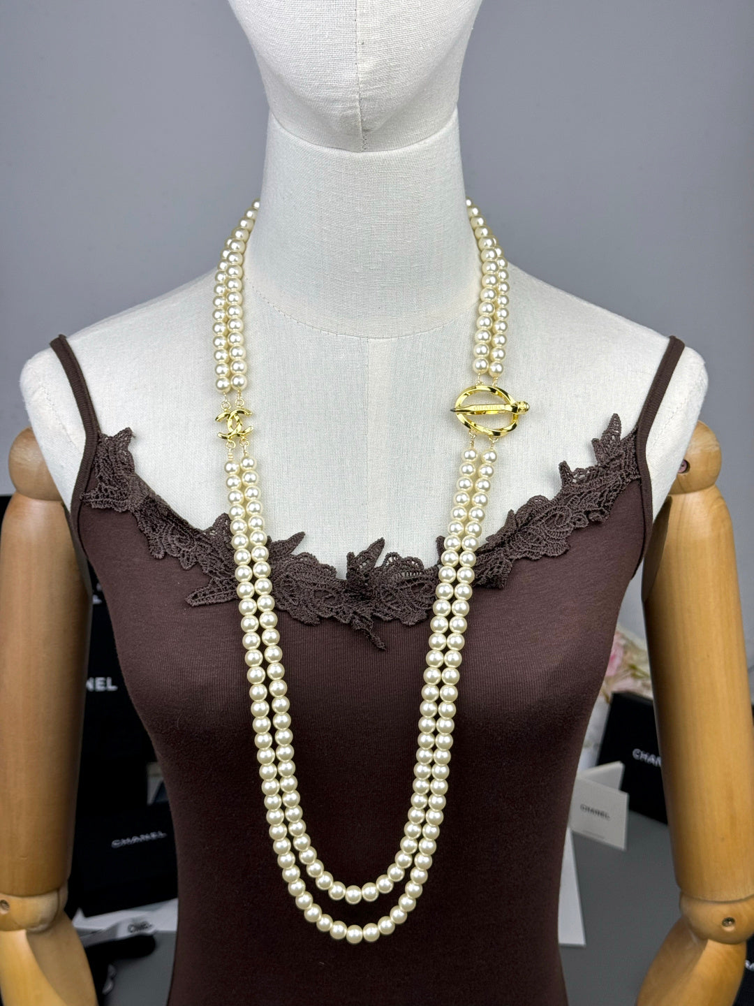 [Ornora Jewelry]25K Pencil Double C Double-Layer Pearl Sweater Chain