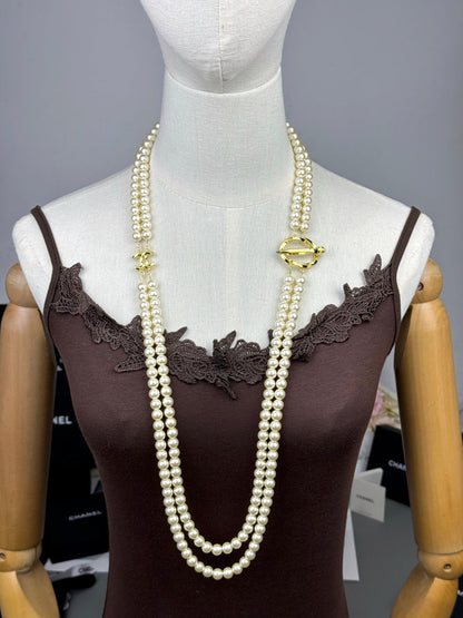 [Ornora Jewelry]25K Pencil Double C Double-Layer Pearl Sweater Chain