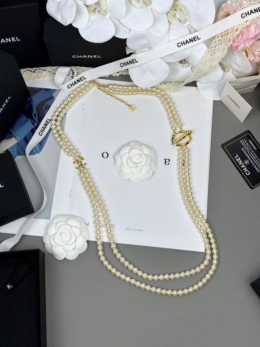 [Ornora Jewelry]25K Pencil Double C Double-Layer Pearl Sweater Chain