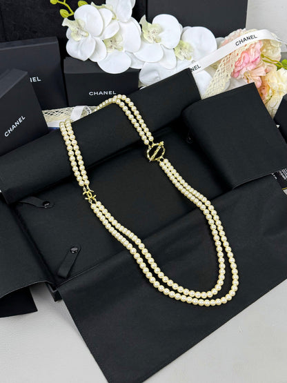 [Ornora Jewelry]25K Pencil Double C Double-Layer Pearl Sweater Chain