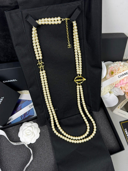 [Ornora Jewelry]25K Pencil Double C Double-Layer Pearl Sweater Chain