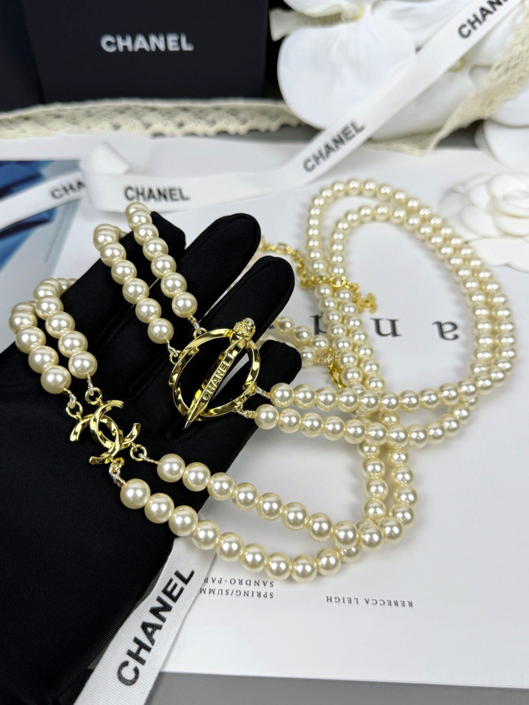[Ornora Jewelry]25K Pencil Double C Double-Layer Pearl Sweater Chain