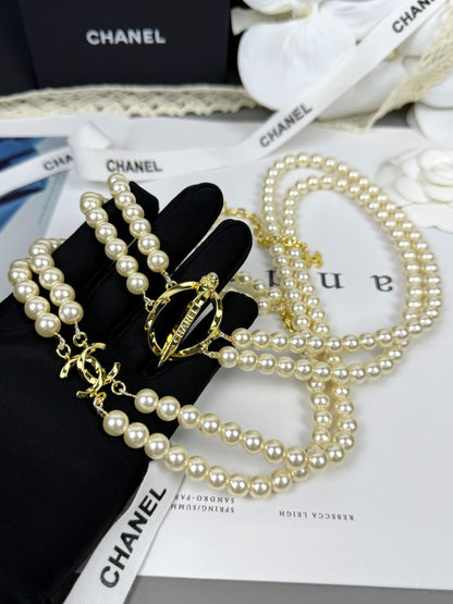 [Ornora Jewelry]25K Pencil Double C Double-Layer Pearl Sweater Chain
