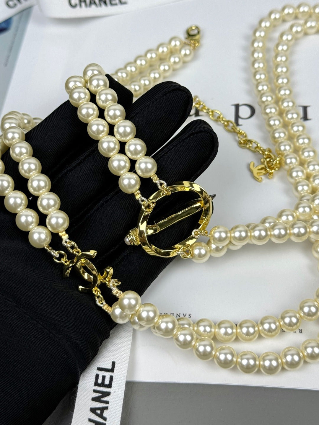 [Ornora Jewelry]25K Pencil Double C Double-Layer Pearl Sweater Chain