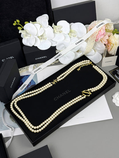 [Ornora Jewelry]25K Pencil Double C Double-Layer Pearl Sweater Chain