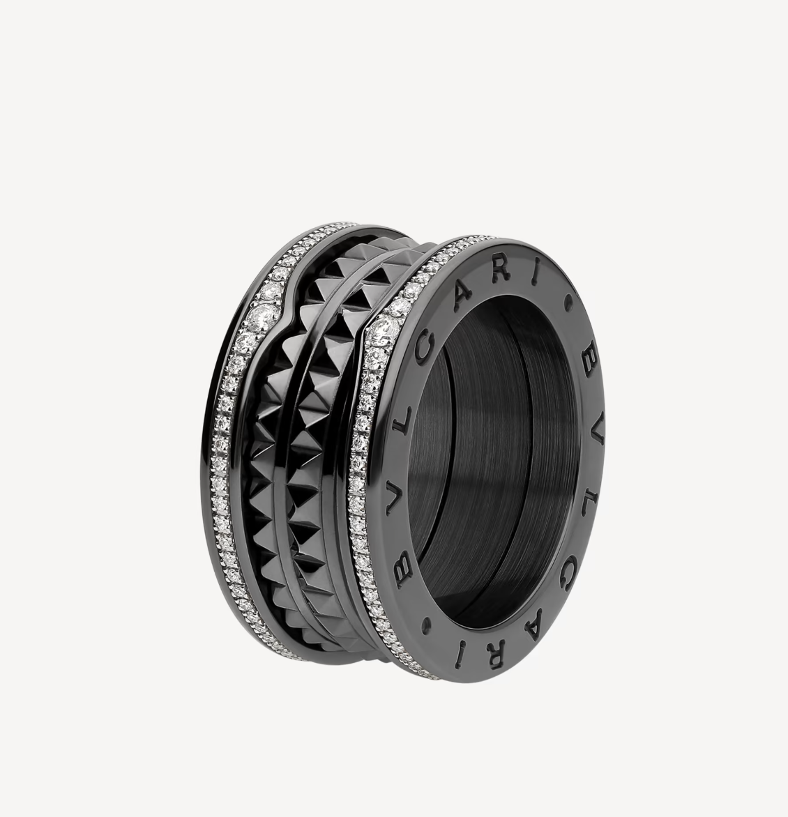 [Ornora Jewelry]ZERO 1 ROCK FOUR-BAND BLACK CERAMIC WITH STUDDED SPIRAL AND PAVED DIAMONDS RING
