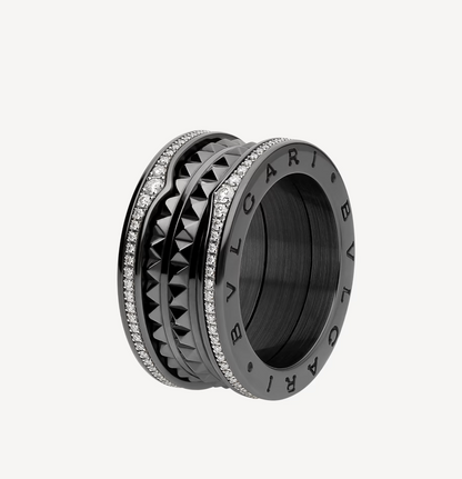 [Ornora Jewelry]ZERO 1 ROCK FOUR-BAND BLACK CERAMIC WITH STUDDED SPIRAL AND PAVED DIAMONDS RING