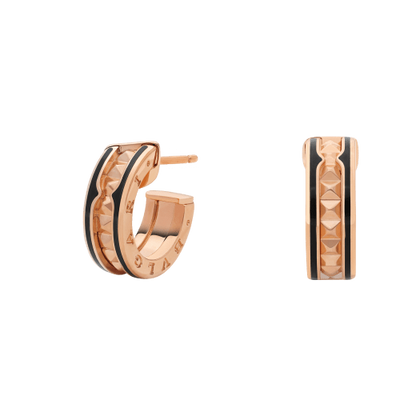 [Ornora Jewelry]ZERO 1 ROCK PINK GOLD EARRINGS WITH STUDDED SPIRAL AND BLACK CERAMIC