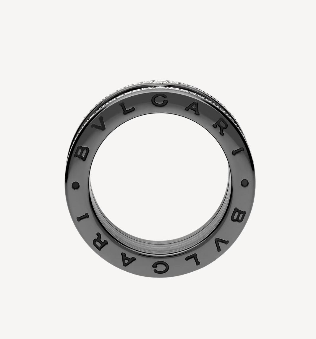 [Ornora Jewelry]ZERO 1 ROCK FOUR-BAND BLACK CERAMIC WITH STUDDED SPIRAL AND PAVED DIAMONDS RING