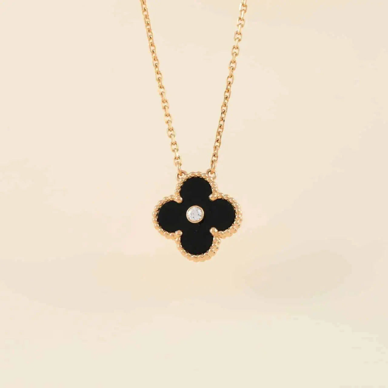[Ornora Jewelry]CLOVER 15MM DIAMOND ONYX NECKLACE
