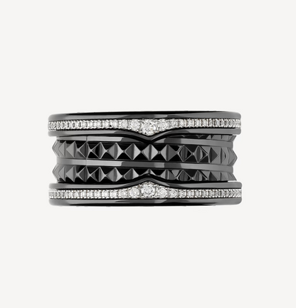[Ornora Jewelry]ZERO 1 ROCK FOUR-BAND BLACK CERAMIC WITH STUDDED SPIRAL AND PAVED DIAMONDS RING