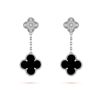 [Ornora Jewelry]CLOVER 2 MOTIFS  DIAMOND ONYX EARRINGS SILVER