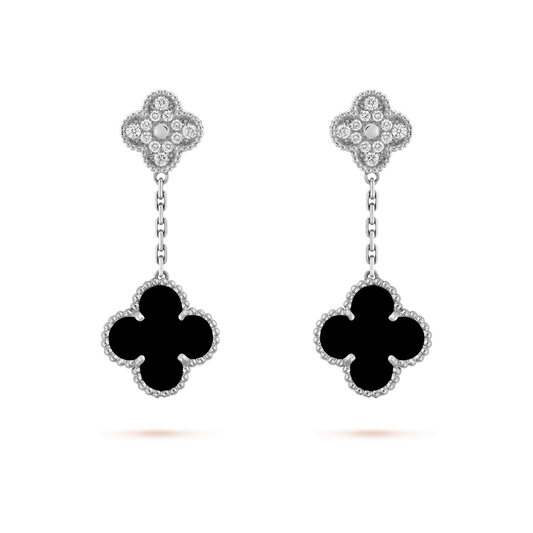 [Ornora Jewelry]CLOVER 2 MOTIFS  DIAMOND ONYX EARRINGS SILVER