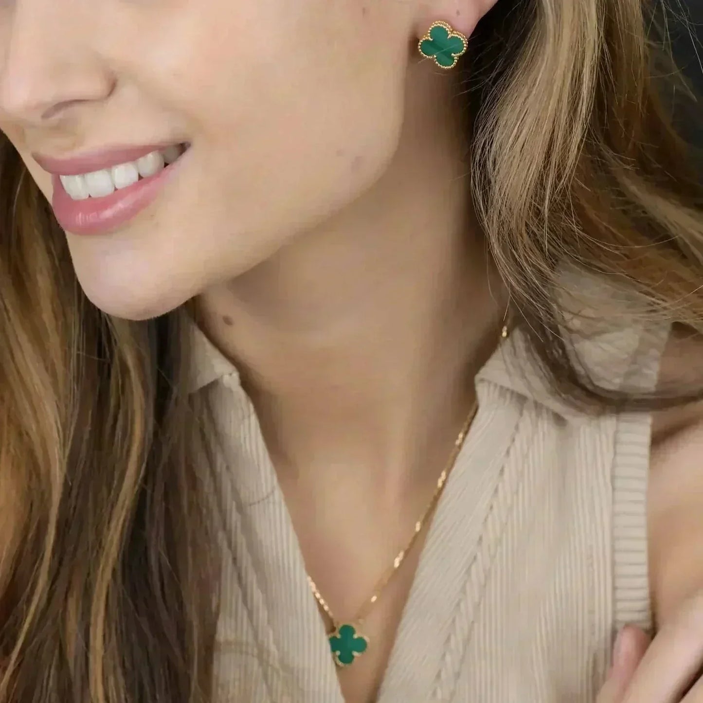 [Ornora Jewelry]CLOVER MINI 9.5MM MALACHITE  EARRINGS