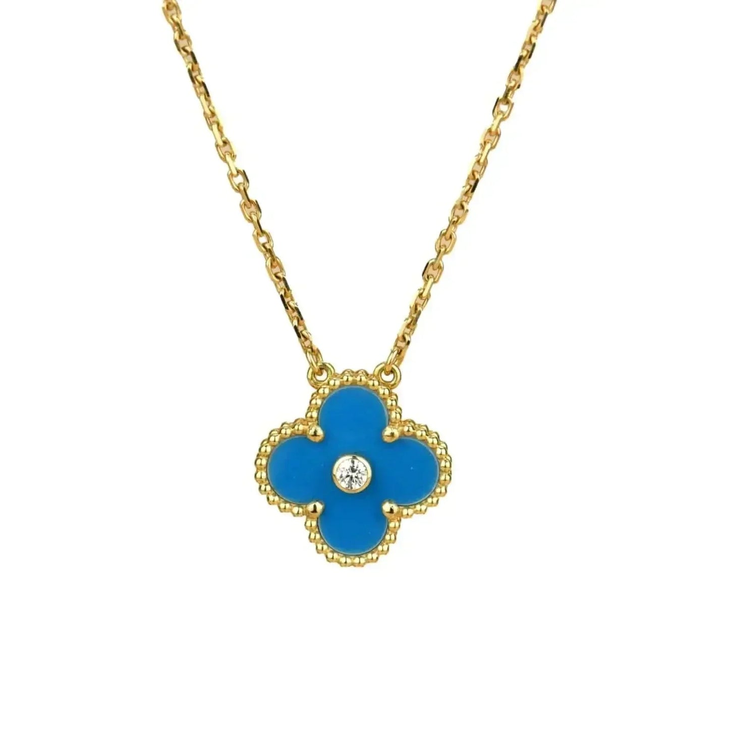 [Ornora Jewelry]CLOVER 15MM DIAMOND AND BLUE AGATE NECKLACE
