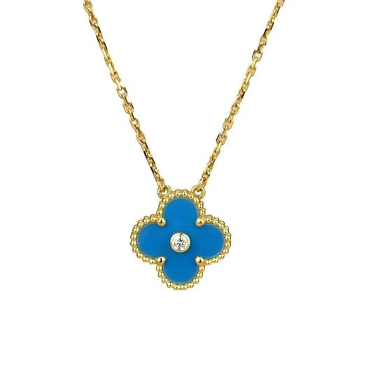 [Ornora Jewelry]CLOVER 15MM DIAMOND AND BLUE AGATE NECKLACE