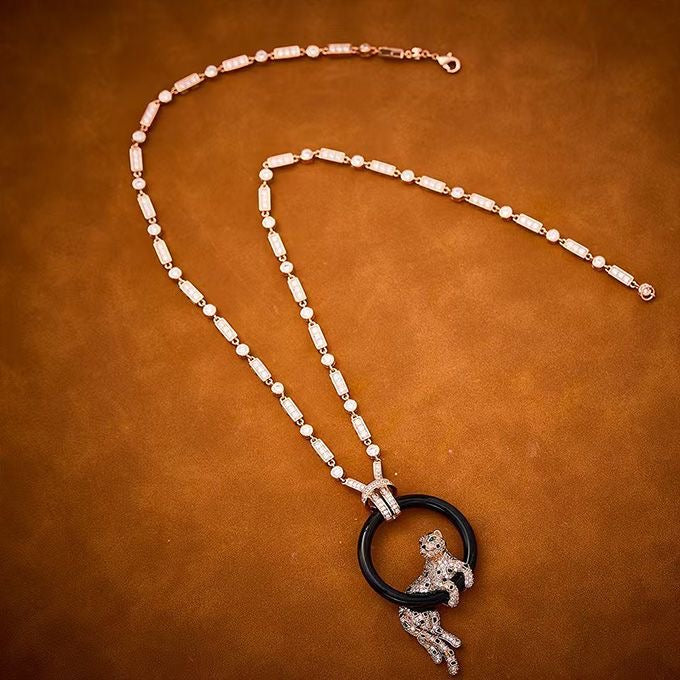 [Ornora Jewelry]NEW BLACK CIRCLE PANTHER FULL DIAMOND NECKLACE