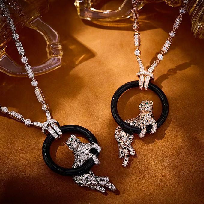 [Ornora Jewelry]NEW BLACK CIRCLE PANTHER FULL DIAMOND NECKLACE