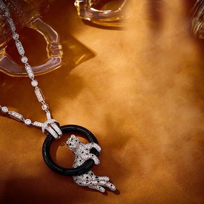 [Ornora Jewelry]NEW BLACK CIRCLE PANTHER FULL DIAMOND NECKLACE
