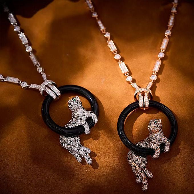 [Ornora Jewelry]NEW BLACK CIRCLE PANTHER FULL DIAMOND NECKLACE