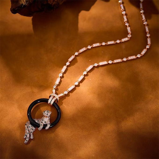 [Ornora Jewelry]NEW BLACK CIRCLE PANTHER FULL DIAMOND NECKLACE