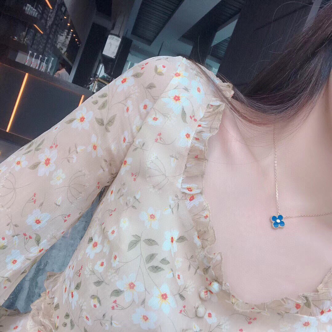 [Ornora Jewelry]CLOVER 15MM DIAMOND AND BLUE AGATE NECKLACE