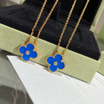 [Ornora Jewelry]CLOVER 15MM DIAMOND AND BLUE AGATE NECKLACE