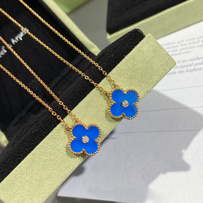 [Ornora Jewelry]CLOVER 15MM DIAMOND AND BLUE AGATE NECKLACE