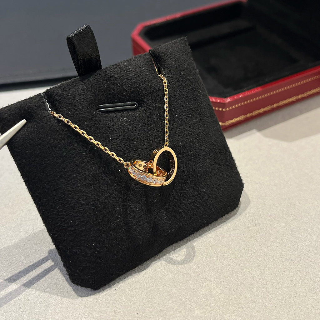 [Ornora Jewelry]LOVE DOUBLE RING HALF DIAMOND NECKLACE