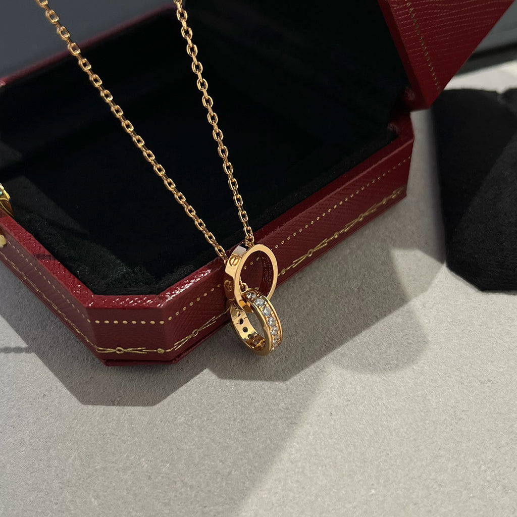 [Ornora Jewelry]LOVE DOUBLE RING HALF DIAMOND NECKLACE