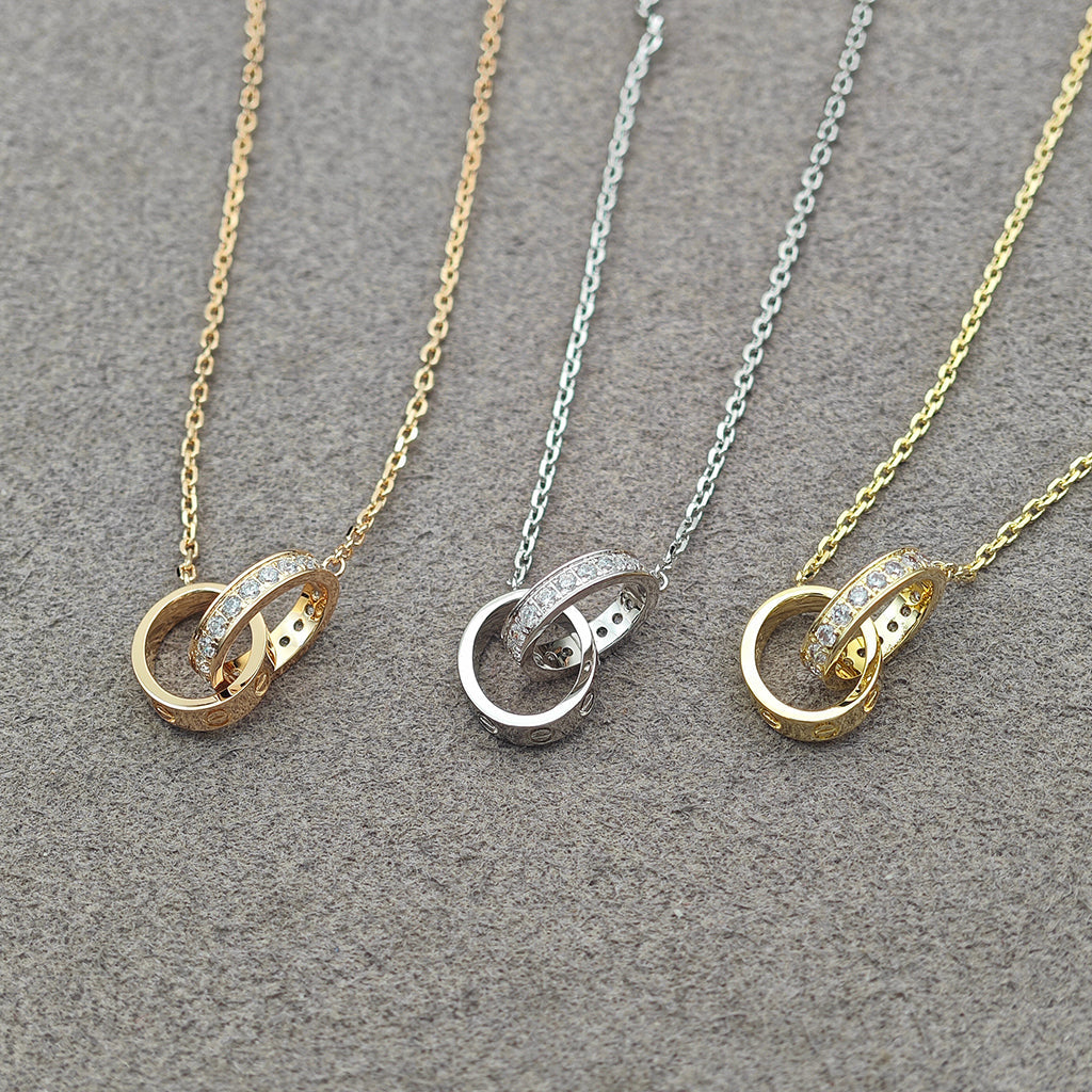 [Ornora Jewelry]LOVE DOUBLE RING HALF DIAMOND NECKLACE