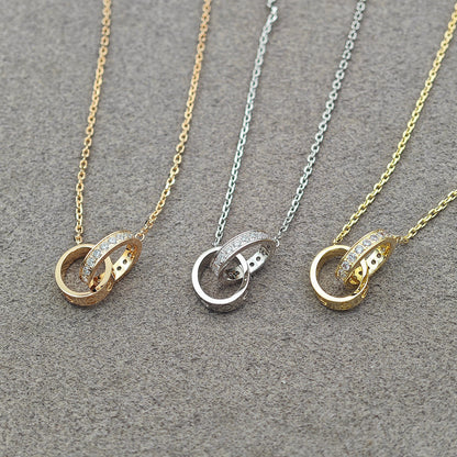 [Ornora Jewelry]LOVE DOUBLE RING HALF DIAMOND NECKLACE