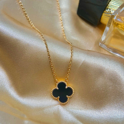 [Ornora Jewelry]CLOVER 15MM BLACK ONYX SINGLE FLOWER NECKLACE