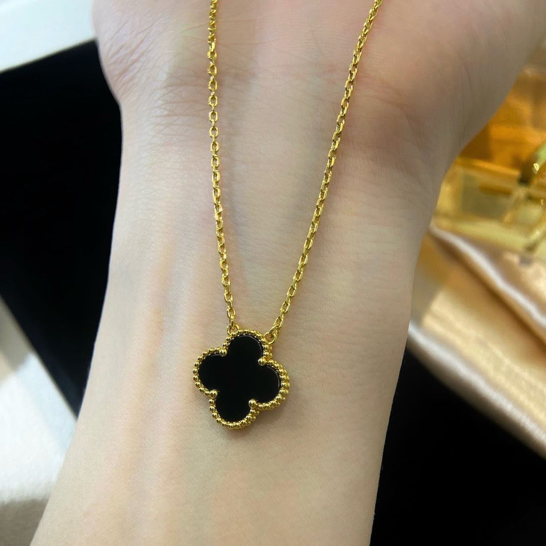 [Ornora Jewelry]CLOVER 15MM BLACK ONYX SINGLE FLOWER NECKLACE
