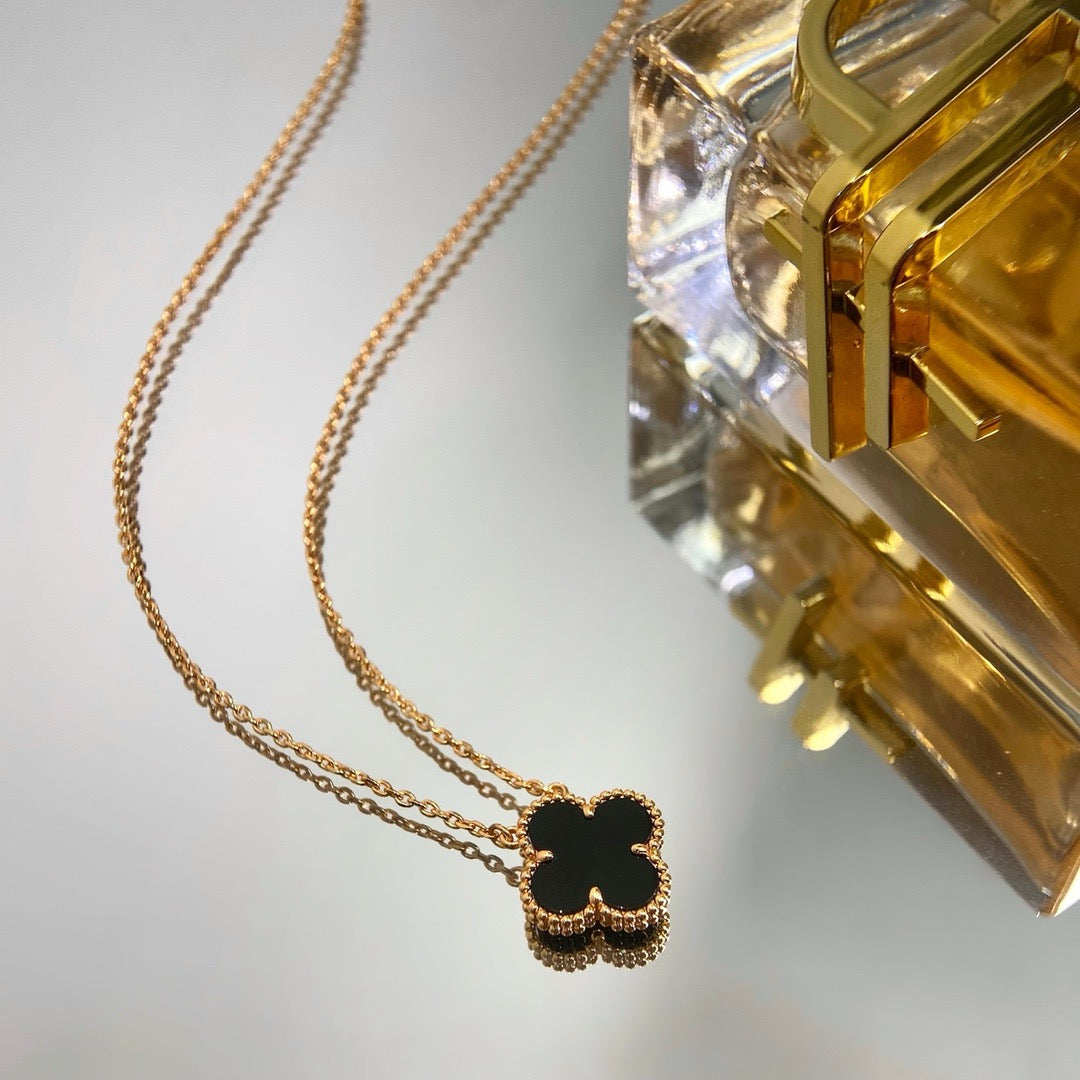[Ornora Jewelry]CLOVER 15MM BLACK ONYX SINGLE FLOWER NECKLACE
