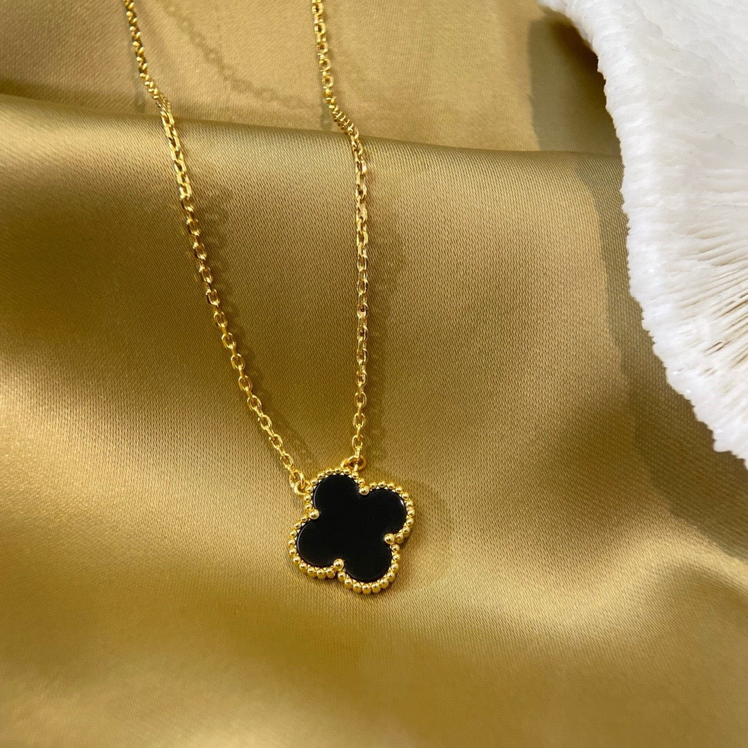 [Ornora Jewelry]CLOVER 15MM BLACK ONYX SINGLE FLOWER NECKLACE