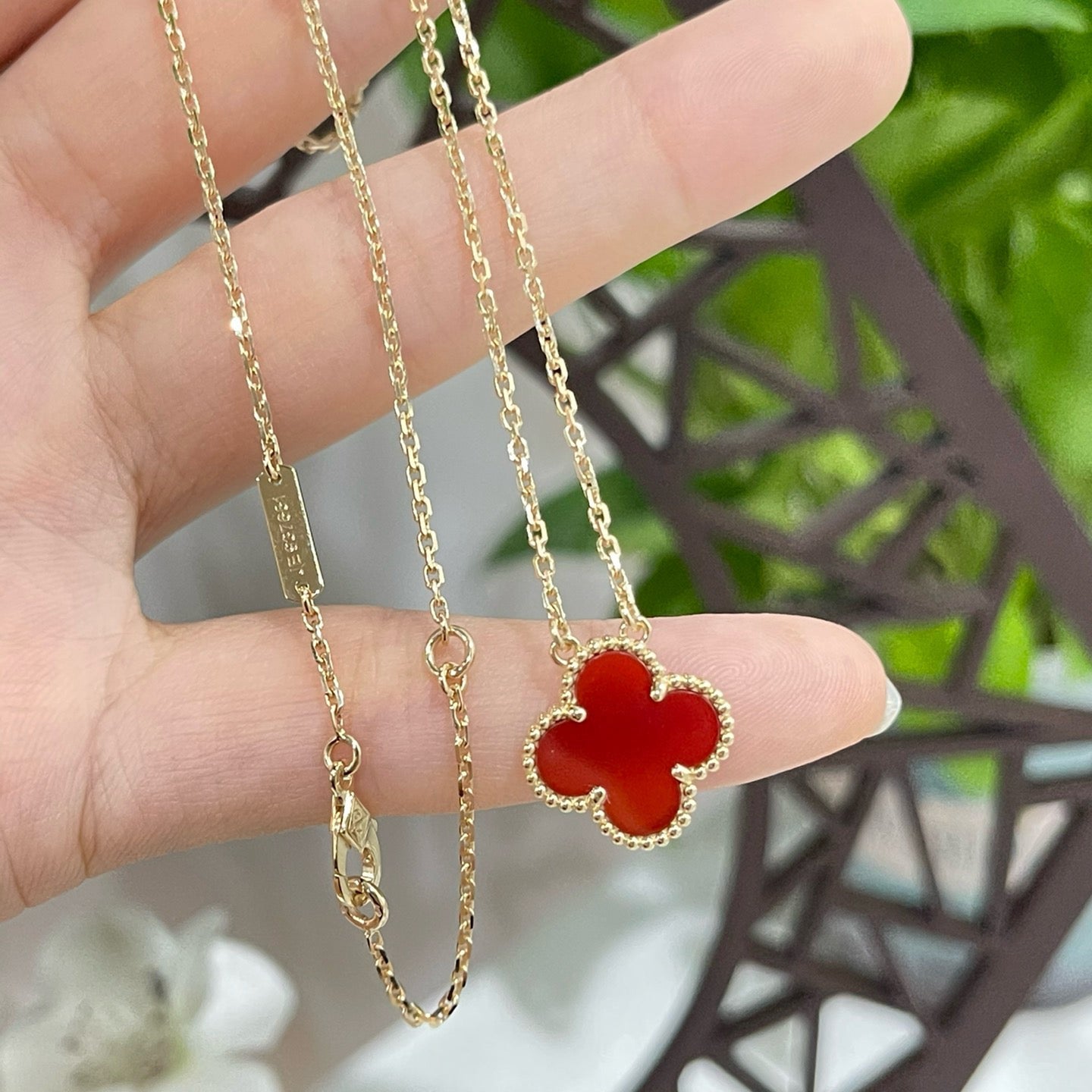 [Ornora Jewelry]CLOVER 15MM CARNELIAN SINGLE FLOWER NECKLACE