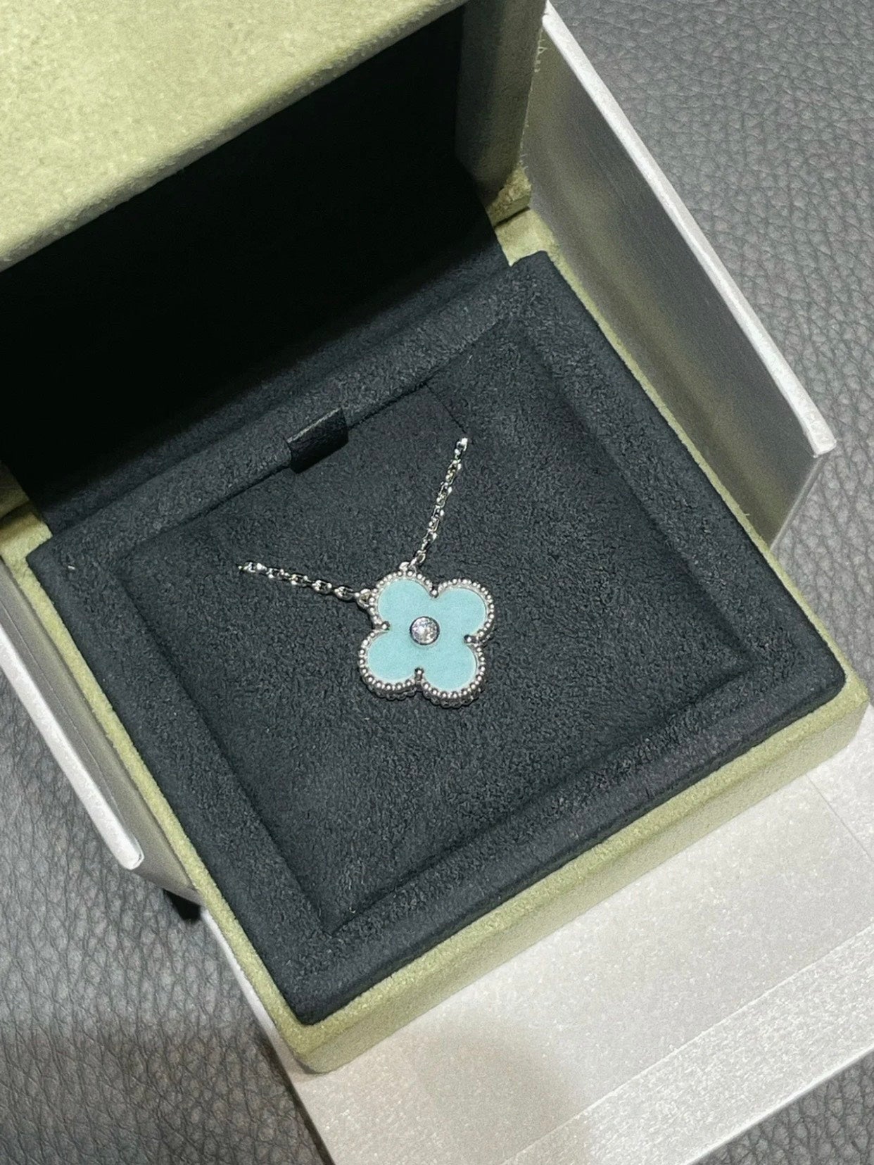 [Ornora Jewelry]CLOVER 1 DIAMOND LIGHT BLUE SILVER NECKLACE