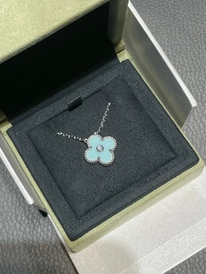 [Ornora Jewelry]CLOVER 1 DIAMOND LIGHT BLUE SILVER NECKLACE